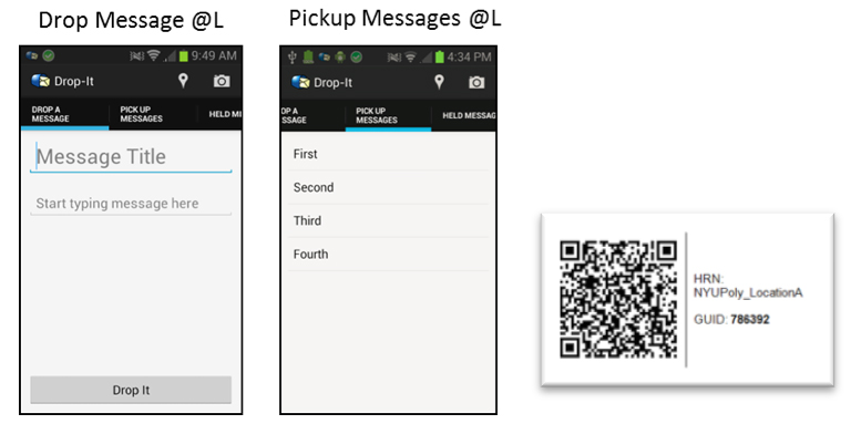Figure 2: The GUI for the “Drop It” application and a sample QR-code card used to scan a location’s GUID. Human Readable Name (HRN) and the plain text GUID (for manual entry) show the layered naming within MobilityFirst.